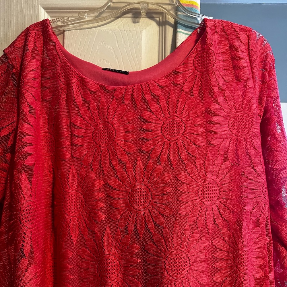 Dress -Coral in color . Flower Print w/Lace